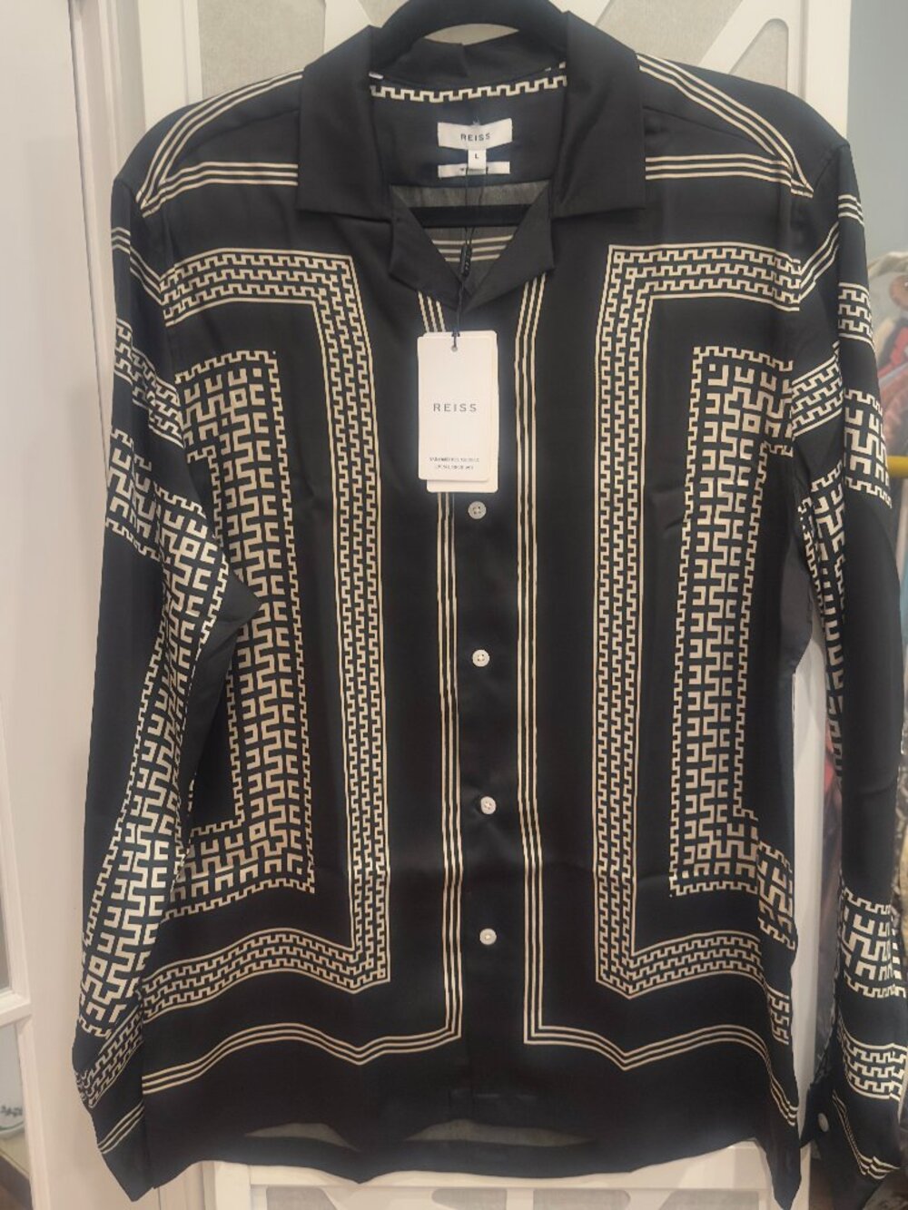 NWT Reiss Tex Placement Print Shirt Black Cream Aztec Geometric Long Sleeve (L)